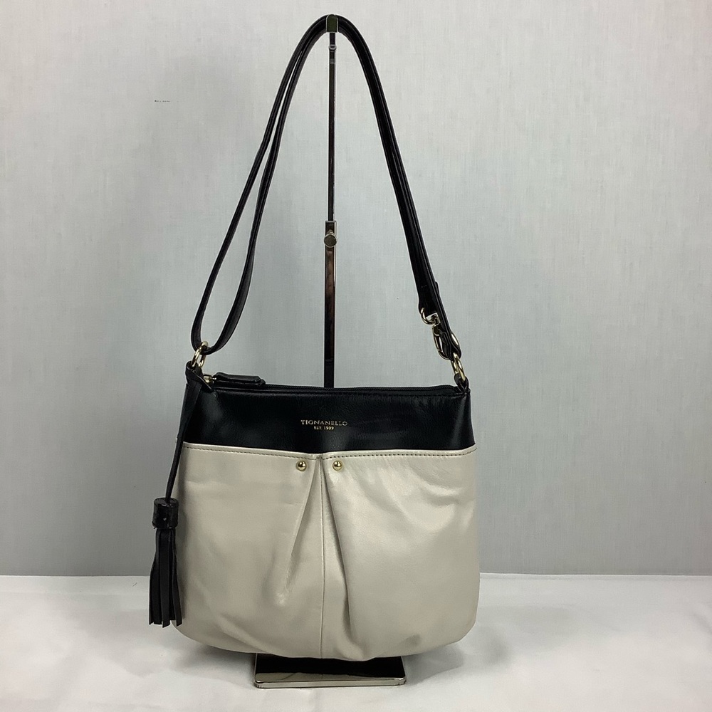 Tignanello Black Beige Leather Pretty Pleats Convertible Cross Body Shoulder Bag